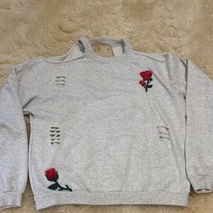 Honey Punch Light Gray Off-the-Shoulder Sweater with Red Rose Embroidery